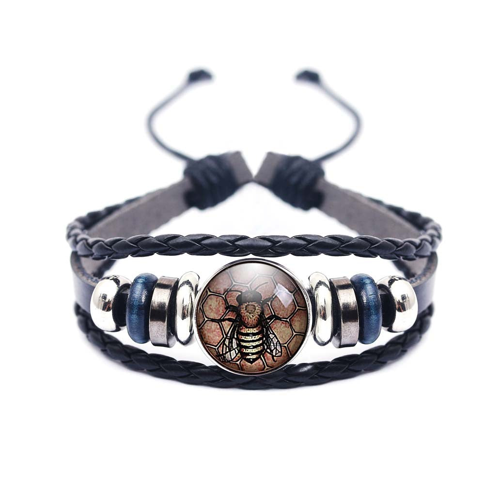 Unisex Bee Bracelet Retro Animal Zodiac Jewelry Alloy Glass Leather Rope Bracelet European American Fashion Vintage