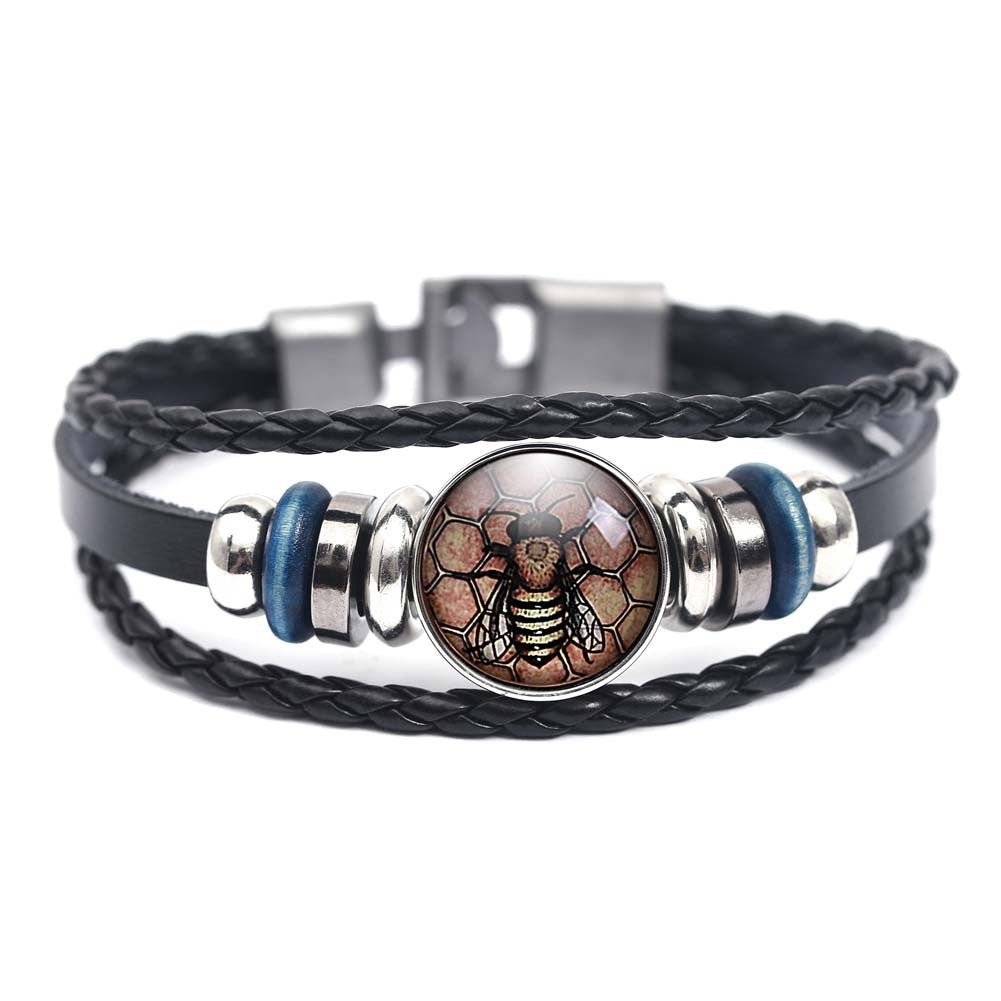 Unisex Bee Bracelet Retro Animal Zodiac Jewelry Alloy Glass Leather Rope Bracelet European American Fashion Vintage