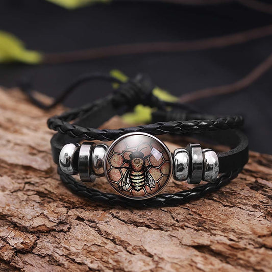 Unisex Bee Bracelet Retro Animal Zodiac Jewelry Alloy Glass Leather Rope Bracelet European American Fashion Vintage