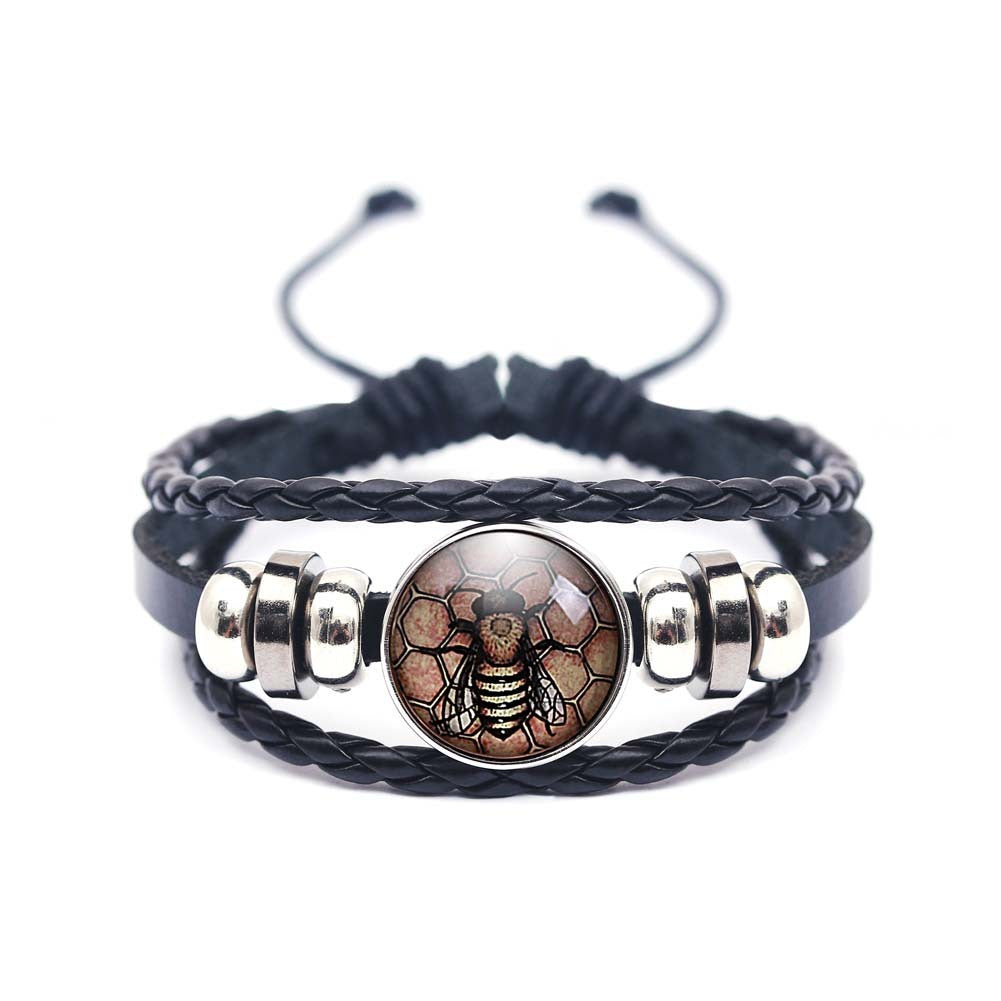 Unisex Bee Bracelet Retro Animal Zodiac Jewelry Alloy Glass Leather Rope Bracelet European American Fashion Vintage