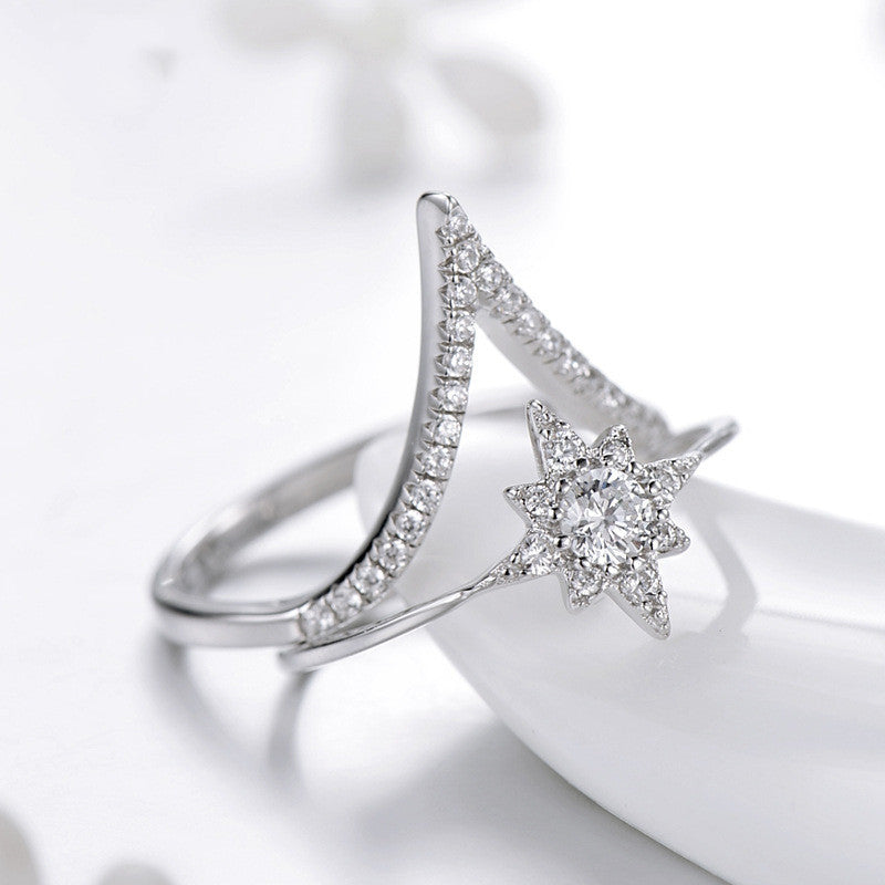 Womens Six Pointed Star Ring With Arrow Design Geometric Stacked Silver Ring Set Electroplated Jewelry Gem Set