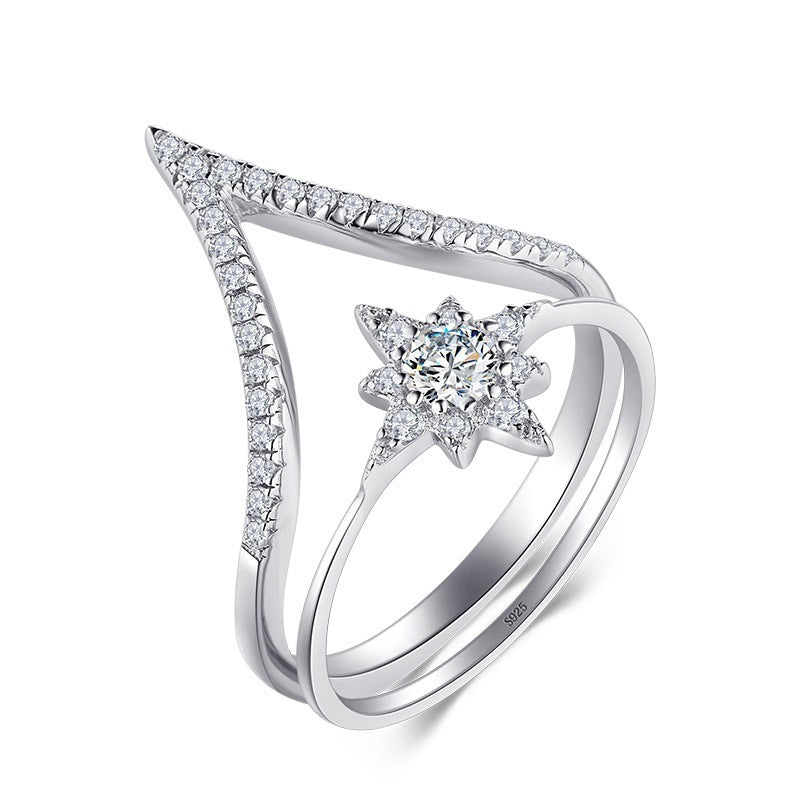 Womens Six Pointed Star Ring With Arrow Design Geometric Stacked Silver Ring Set Electroplated Jewelry Gem Set