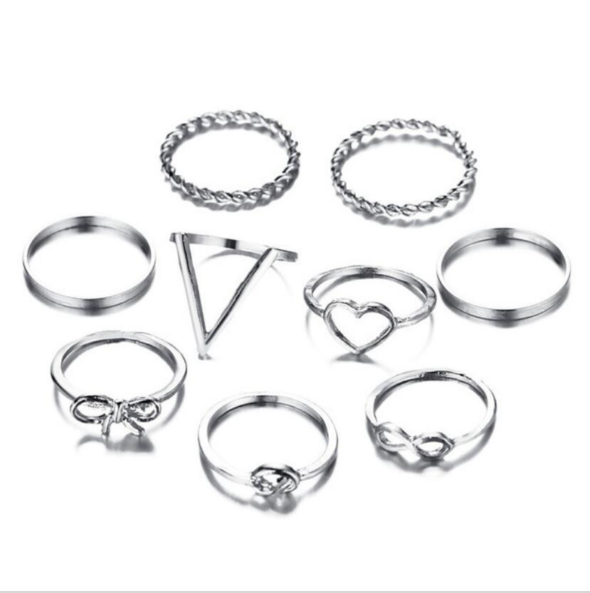 Unisex Alloy Heart Shaped Ring Set Electroplated Finish Retro Hollow Love Knot Bow European Style And American