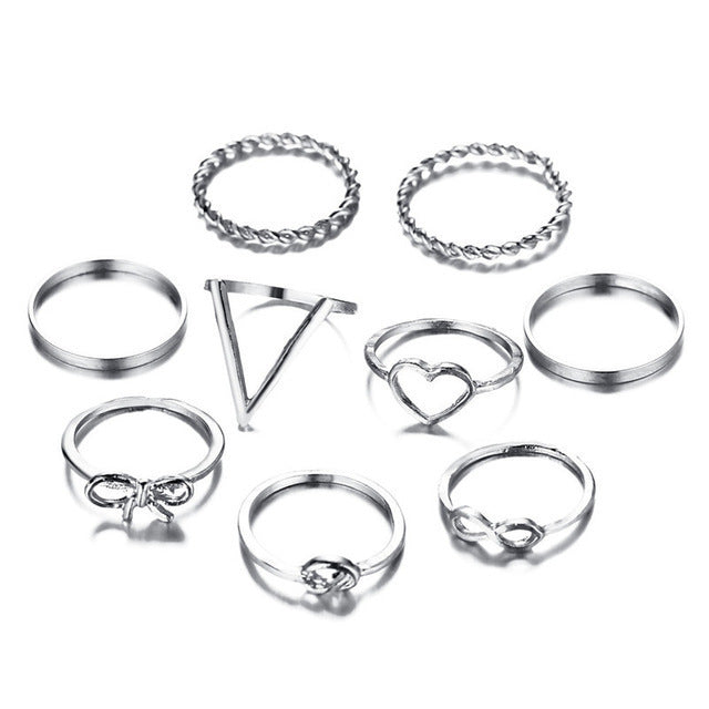 Unisex Alloy Heart Shaped Ring Set Electroplated Finish Retro Hollow Love Knot Bow European Style And American