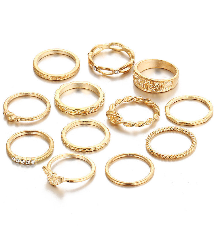 Unisex Alloy Heart Shaped Ring Set Electroplated Finish Retro Hollow Love Knot Bow European Style And American