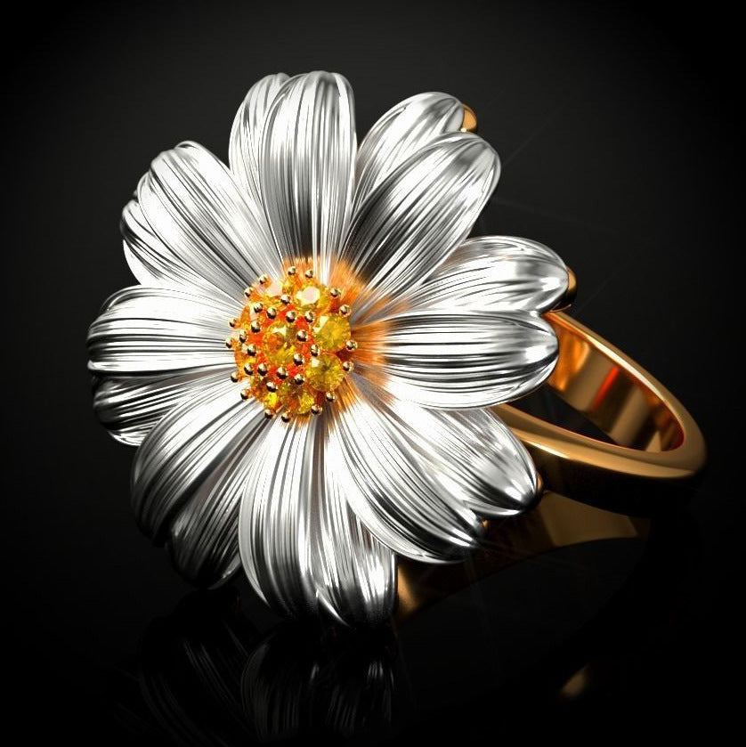Womens 18K Gold Plated Two Tone Sunflower Ring Elegant Fashion Jewelry For Everyday Wear Gift For Everyday Use