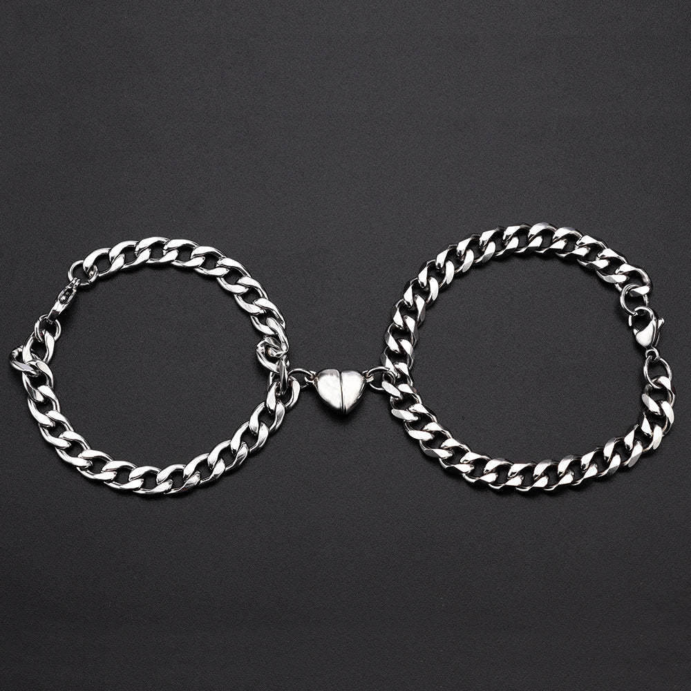 Couple Heart Bracelets Matching Magnetic Titanium Steel Cuban Chain And NK Chain Set Individually Packed Pair Bracelets