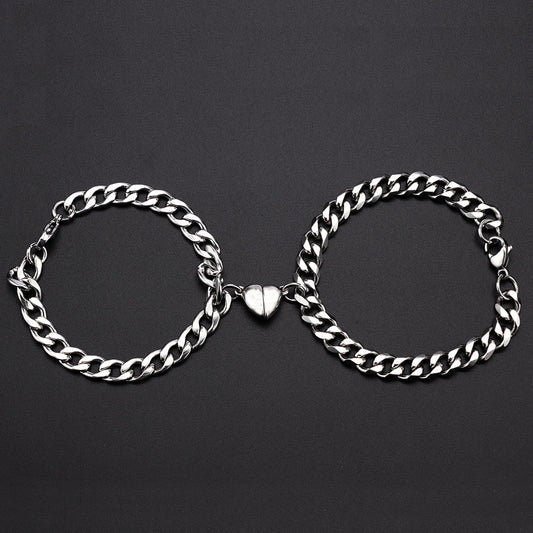 Couple Heart Bracelets Matching Magnetic Titanium Steel Cuban Chain And NK Chain Set Individually Packed Pair Bracelets