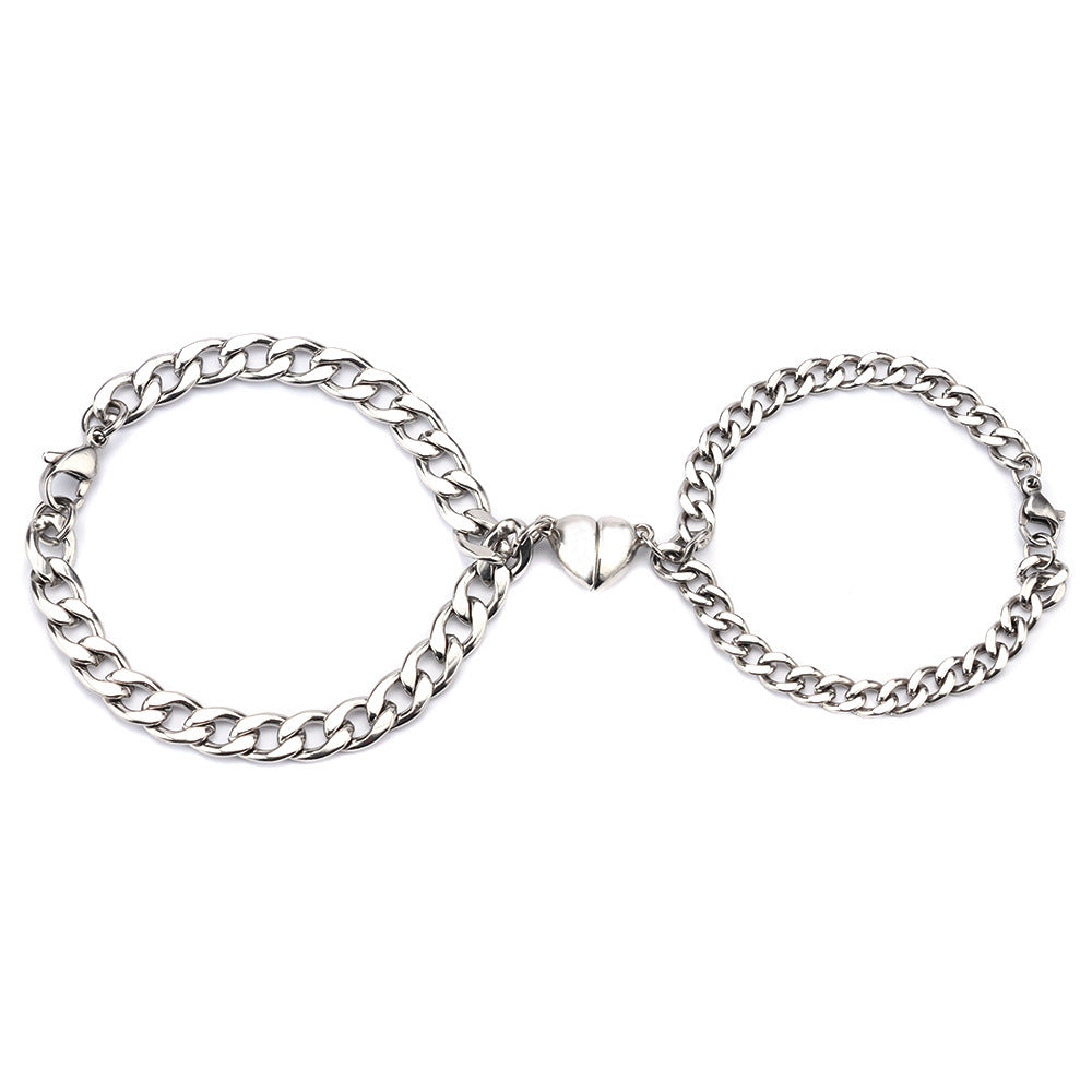 Couple Heart Bracelets Matching Magnetic Titanium Steel Cuban Chain And NK Chain Set Individually Packed Pair Bracelets