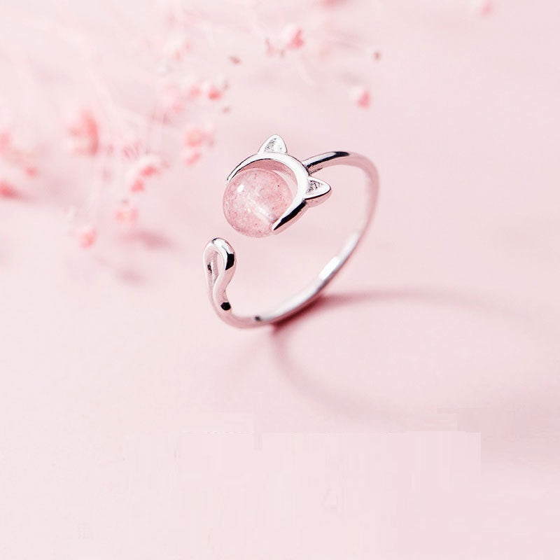 Cat Ring Cute Womens Copper Ring Gold Plated With Artificial Gems Semi Precious Stone Inlay Strawberry Crystal