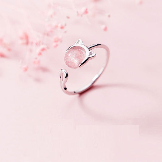 Cat Ring Cute Womens Copper Ring Gold Plated With Artificial Gems Semi Precious Stone Inlay Strawberry Crystal