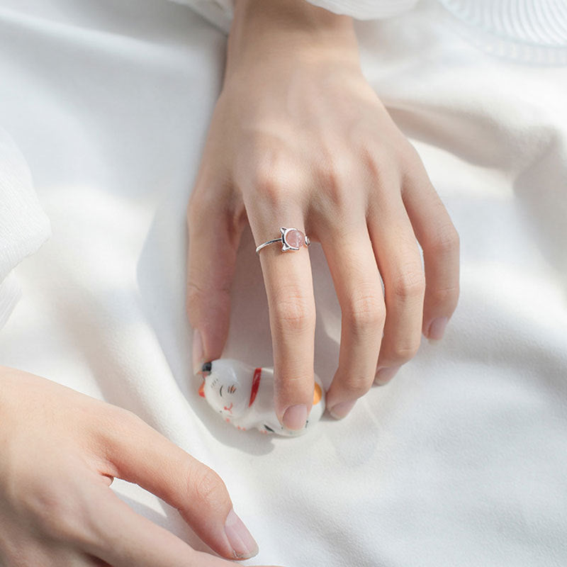 Cat Ring Cute Womens Copper Ring Gold Plated With Artificial Gems Semi Precious Stone Inlay Strawberry Crystal