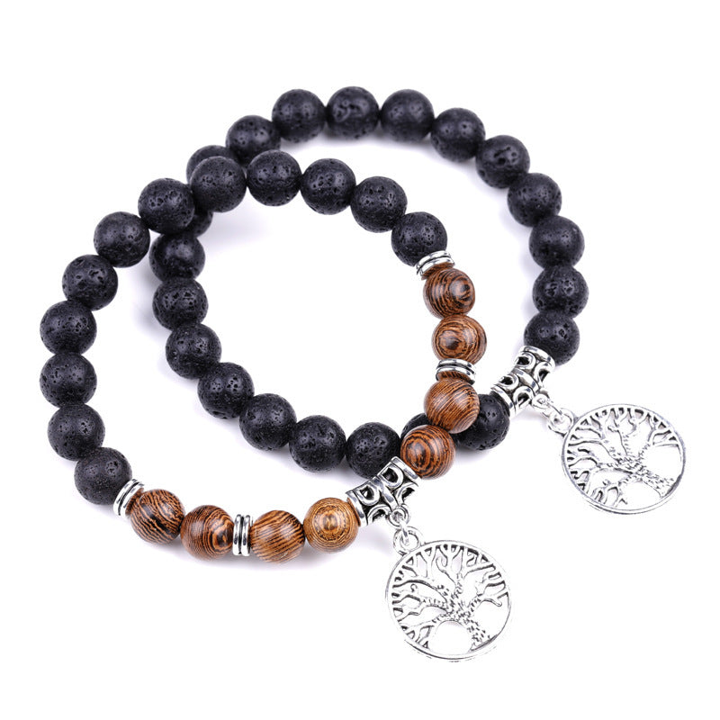 Tree of Life Agate Bracelet with Volcanic Stone and Wenge Wood Beads Natural Stone Jewelry for Couples Everyday Wear