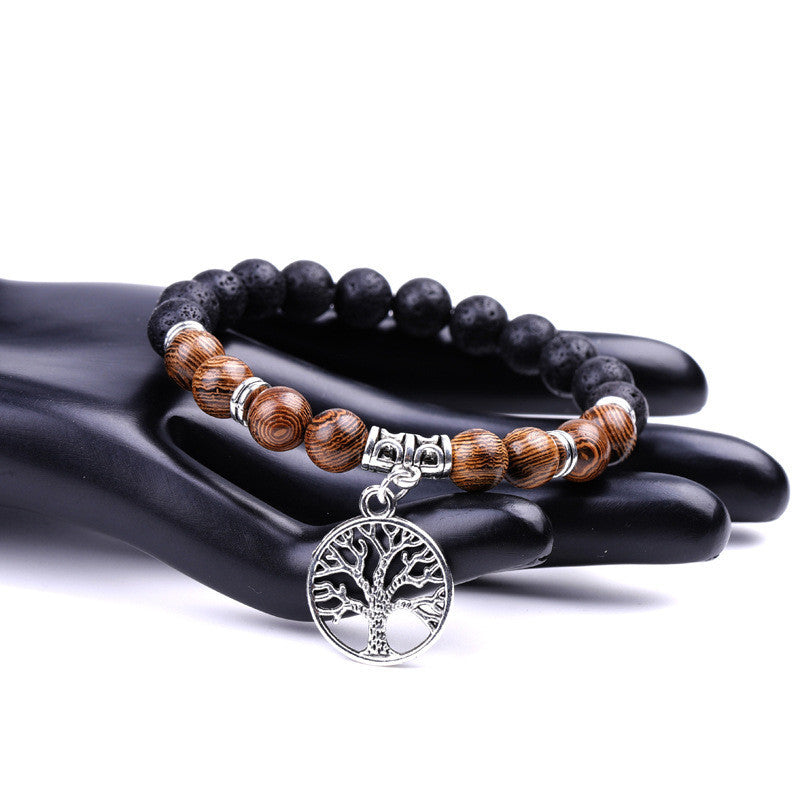 Tree of Life Agate Bracelet with Volcanic Stone and Wenge Wood Beads Natural Stone Jewelry for Couples Everyday Wear