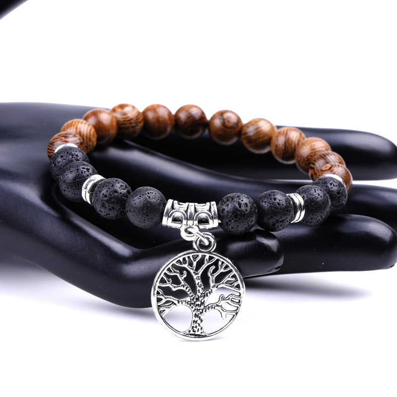 Tree of Life Agate Bracelet with Volcanic Stone and Wenge Wood Beads Natural Stone Jewelry for Couples Everyday Wear