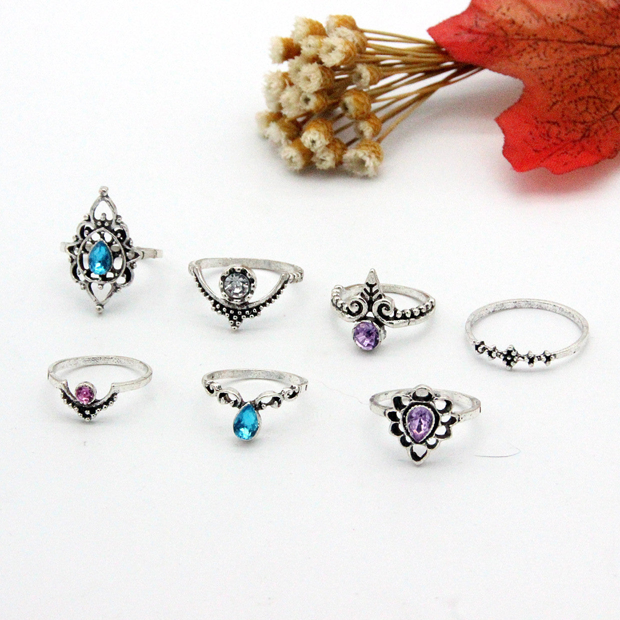 Womens Retro Ring Set Hollow Carved Water Drop Alloy Silver Tone Rings With Artificial Gems Luster Finish Set