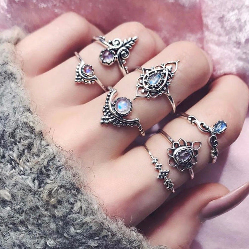 Womens Retro Ring Set Hollow Carved Water Drop Alloy Silver Tone Rings With Artificial Gems Luster Finish Set