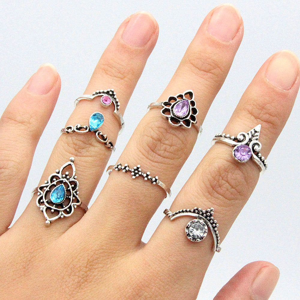 Womens Retro Ring Set Hollow Carved Water Drop Alloy Silver Tone Rings With Artificial Gems Luster Finish Set