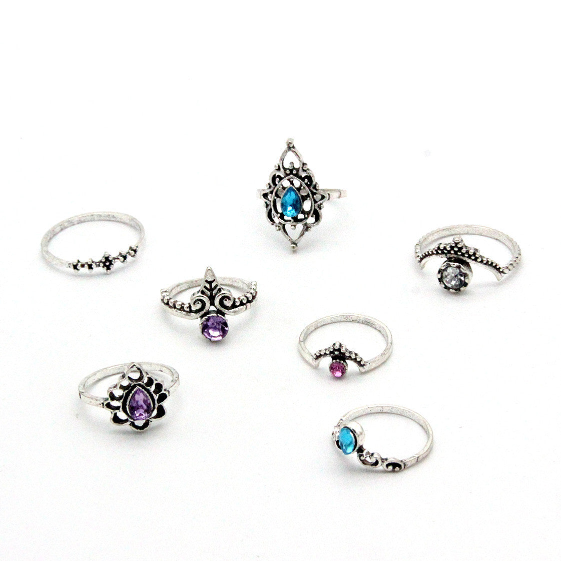 Womens Retro Ring Set Hollow Carved Water Drop Alloy Silver Tone Rings With Artificial Gems Luster Finish Set