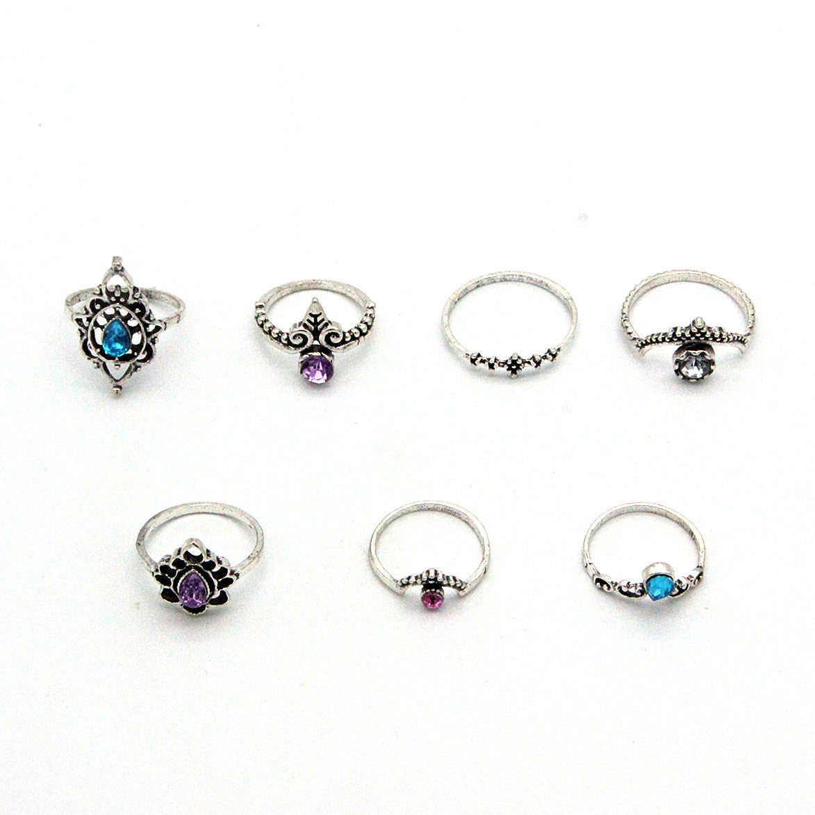 Womens Retro Ring Set Hollow Carved Water Drop Alloy Silver Tone Rings With Artificial Gems Luster Finish Set