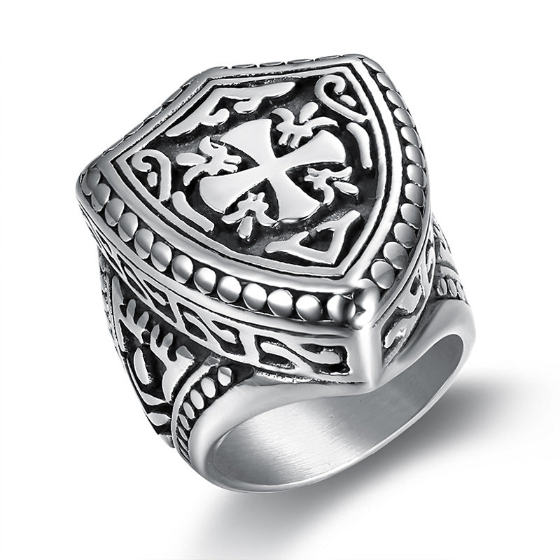 Men's Stainless Steel Ring with Carved Cross Design Religious Jewelry Band Gift for Him Fashion Accessory Statement Ring for Men and Holiday Occasions