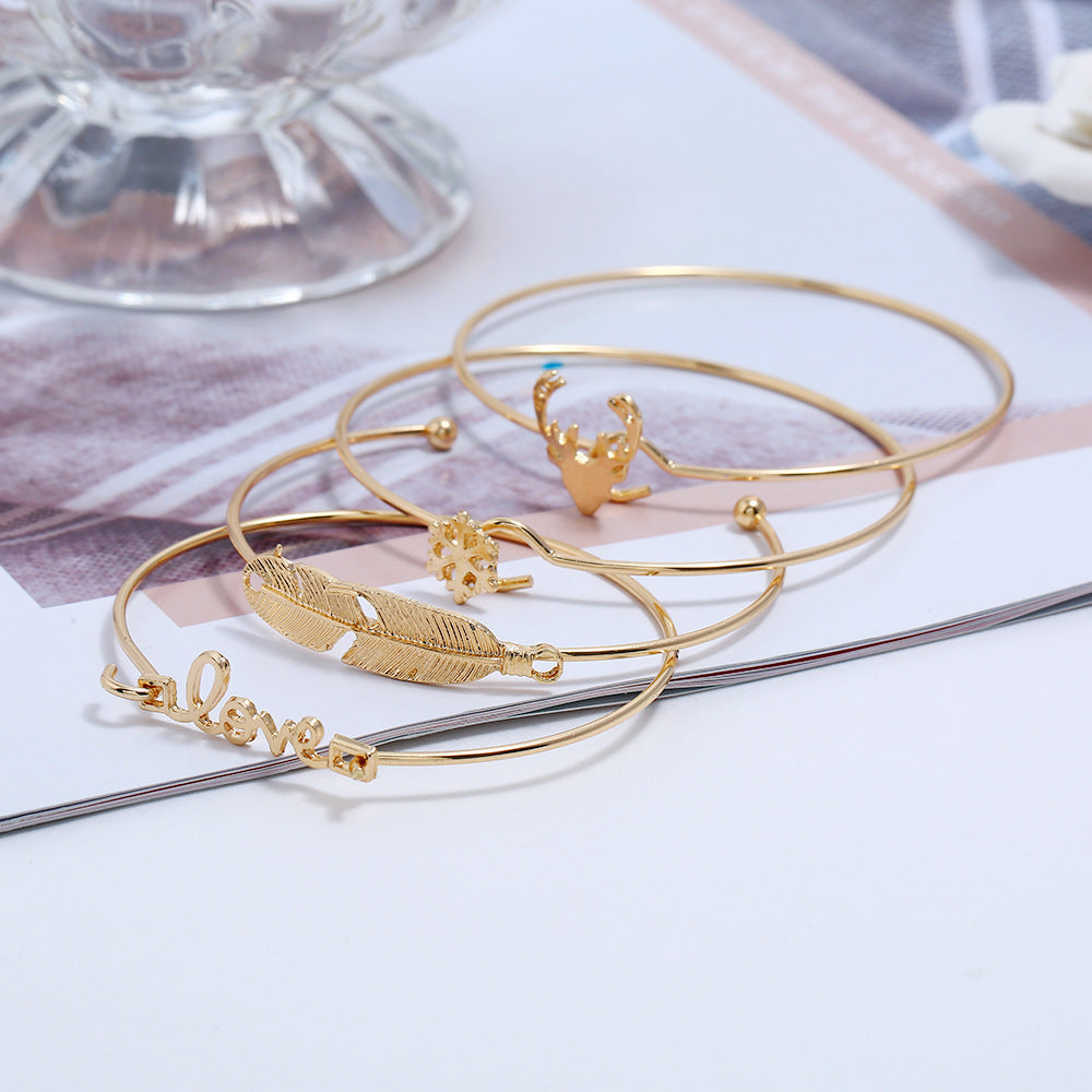 Womens Golden Bracelet Set Snowflake Deer Head Leaf Design Elegant Gift For Anniversary Wedding Birthday Jewelry Set