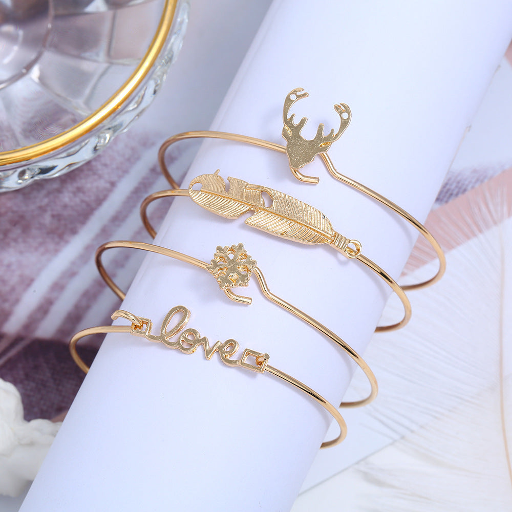 Womens Golden Bracelet Set Snowflake Deer Head Leaf Design Elegant Gift For Anniversary Wedding Birthday Jewelry Set