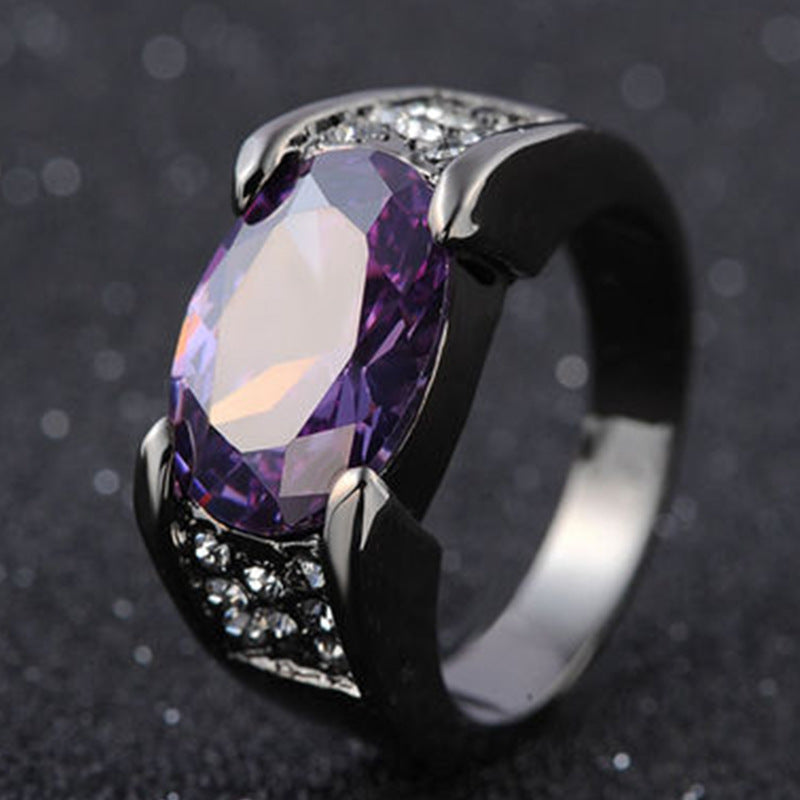 Metal Alloy Electroplated Ring Inlaid With Artificial Gemstone Fashion Jewelry Engagement Ring Red Purple Black