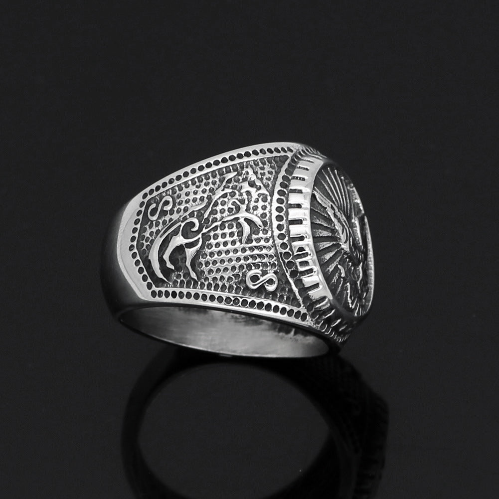 Mens Titanium Steel Ring Viking Odin Crow Animal Zodiac Norse Mythology Ring Steel Color Band for Men and Boys Number 9 10 11 12 and 13