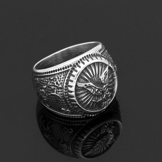 Mens Titanium Steel Ring Viking Odin Crow Animal Zodiac Norse Mythology Ring Steel Color Band for Men and Boys Number 9 10 11 12 and 13