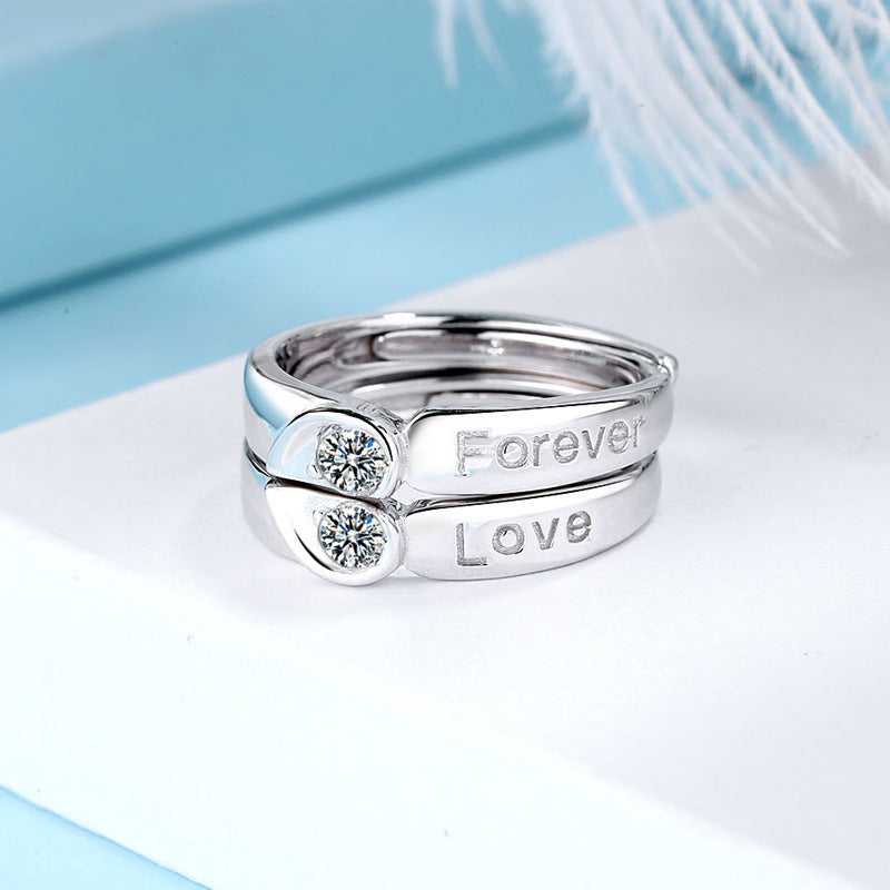 Couple Heart Shaped Matching Rings Diamond Sterling Silver Promise Engagement Anniversary Jewelry Gift Box Set