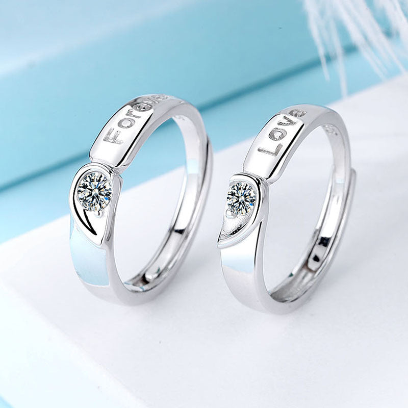 Couple Heart Shaped Matching Rings Diamond Sterling Silver Promise Engagement Anniversary Jewelry Gift Box Set