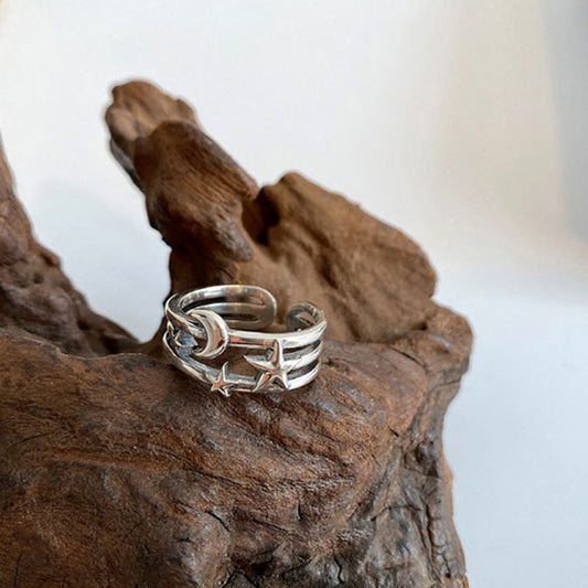 Star And Moon Ring Silver Plated Retro Circle Twist Design Korean Style Gift Festival Jewelry S925 For WomenUS