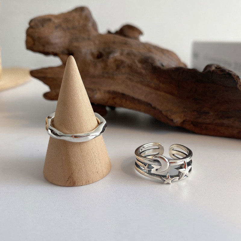 Star And Moon Ring Silver Plated Retro Circle Twist Design Korean Style Gift Festival Jewelry S925 For WomenUS