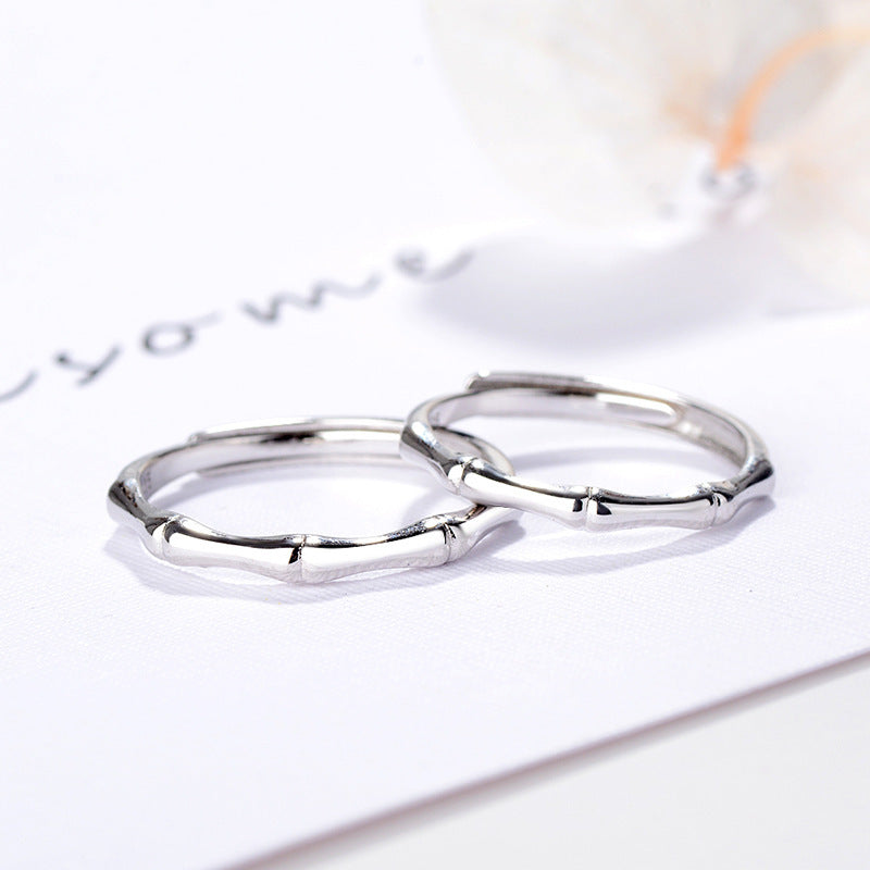 Sterling Silver Couple Ring Set Antique Bamboo Design for Women and Men Original Matching Rings Valentine's Day Anniversary Gift for Her and Him
