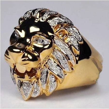 Lion Head Ring Metal Animal Ring with Alloy Inlaid Gems European Design Statement Jewelry for Men and Women Collection