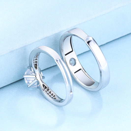 Sterling Silver Couple Ring With Diamond Accent Geometric Korean Style Matching Band Anniversary Jewelry Gifts