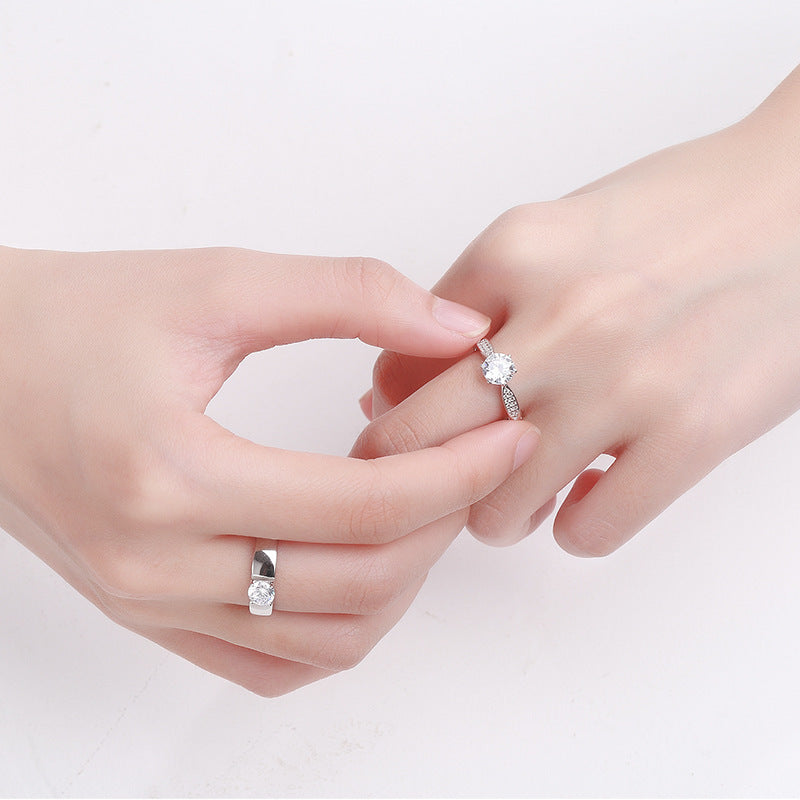 Sterling Silver Couple Ring With Diamond Accent Geometric Korean Style Matching Band Anniversary Jewelry Gifts