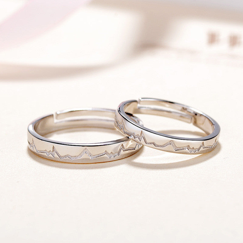Sterling Silver Couple Ring ECG Design Korean Geometric Ring Electroplated Ring Couple Jewelry