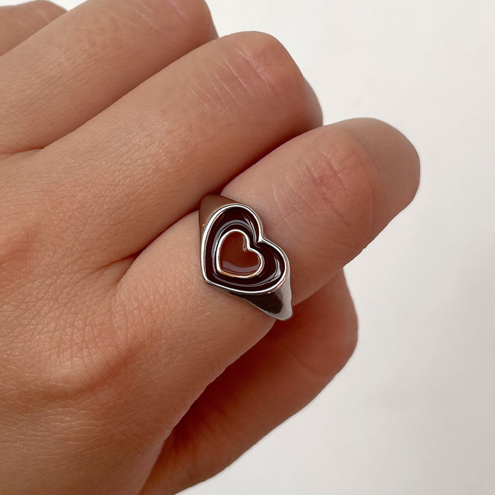 Unisex Alloy Ring Heart Shape Dripping Oil Geometric Ring Retro Metal Pattern Stitching Ring Green Trendy Ring