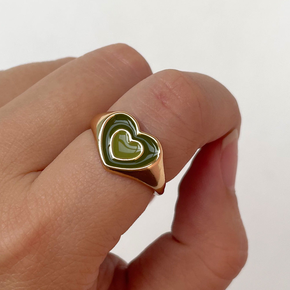 Unisex Alloy Ring Heart Shape Dripping Oil Geometric Ring Retro Metal Pattern Stitching Ring Green Trendy Ring