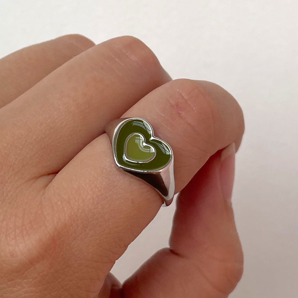 Unisex Alloy Ring Heart Shape Dripping Oil Geometric Ring Retro Metal Pattern Stitching Ring Green Trendy Ring