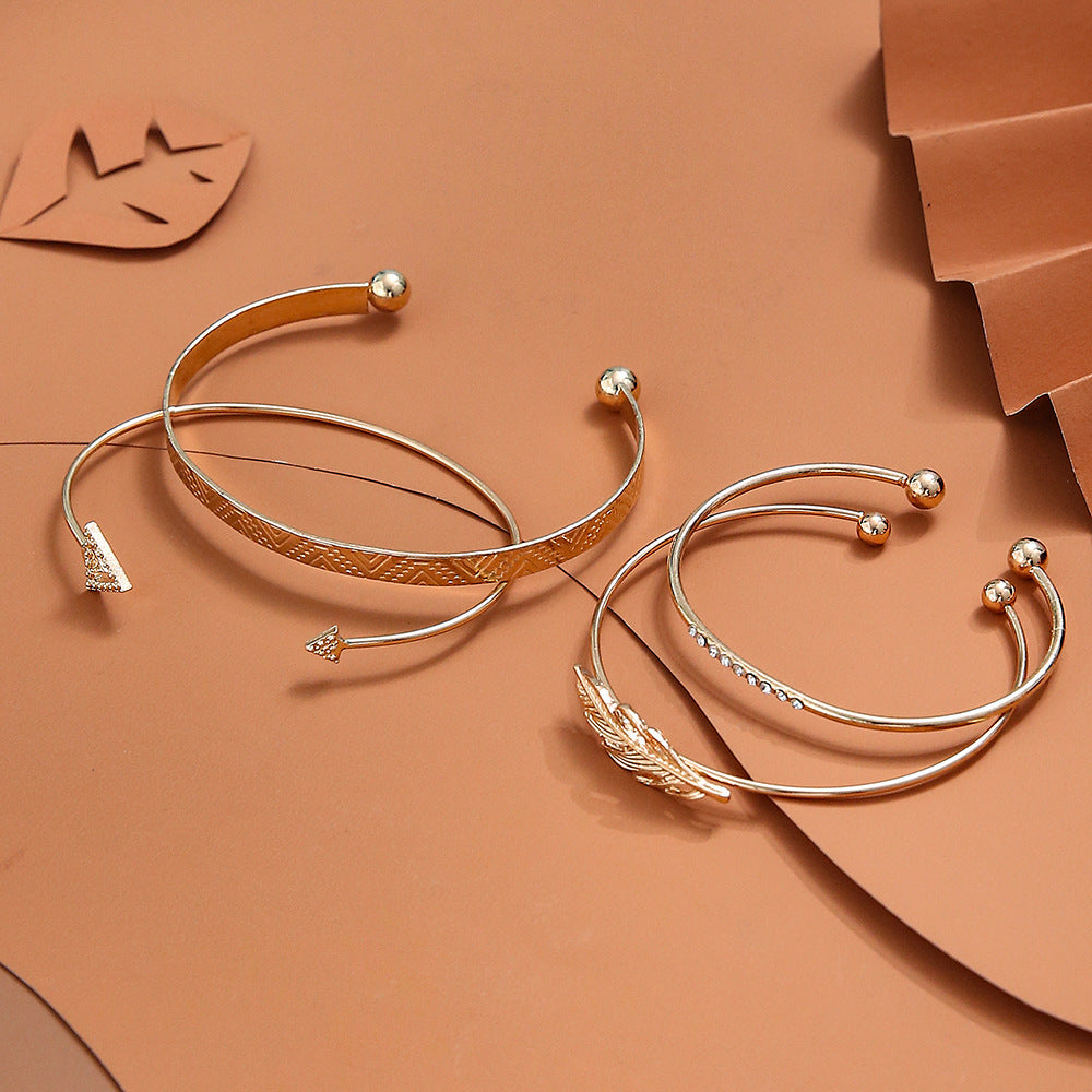 Unisex Leaf Bracelet Set Fashion Design Alloy Electroplated Finish Artificial Gem Inlay Leaf Row Elegant Accessory