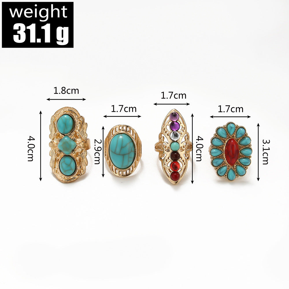 Unisex Turquoise Ring Set 4 Piece High Quality Alloy Electroplated Geometric Design Jewelry Gift For Women Men