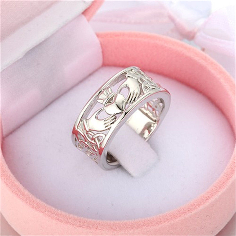 Womens Silver Plated Heart Shaped Engagement Ring Hand Holding Design Elegant Gift For Her Gemstone Inlay Glow