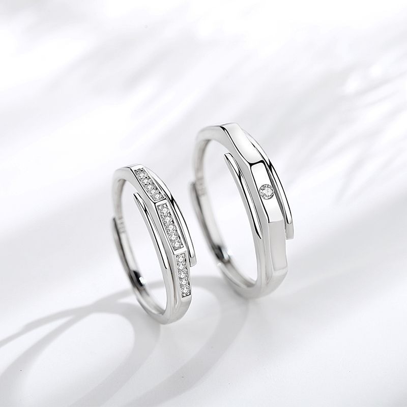 Geometric Silver Matching Rings Ring Set For Couples Inlaid Diamond Promise Engagement Rings Anniversary Bands