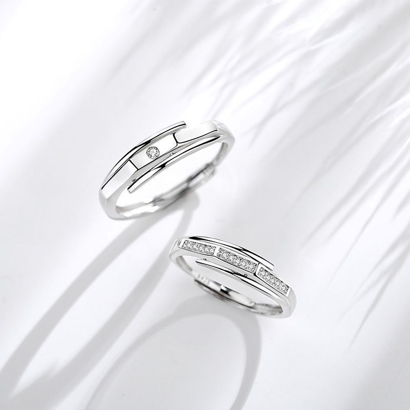 Geometric Silver Matching Rings Ring Set For Couples Inlaid Diamond Promise Engagement Rings Anniversary Bands