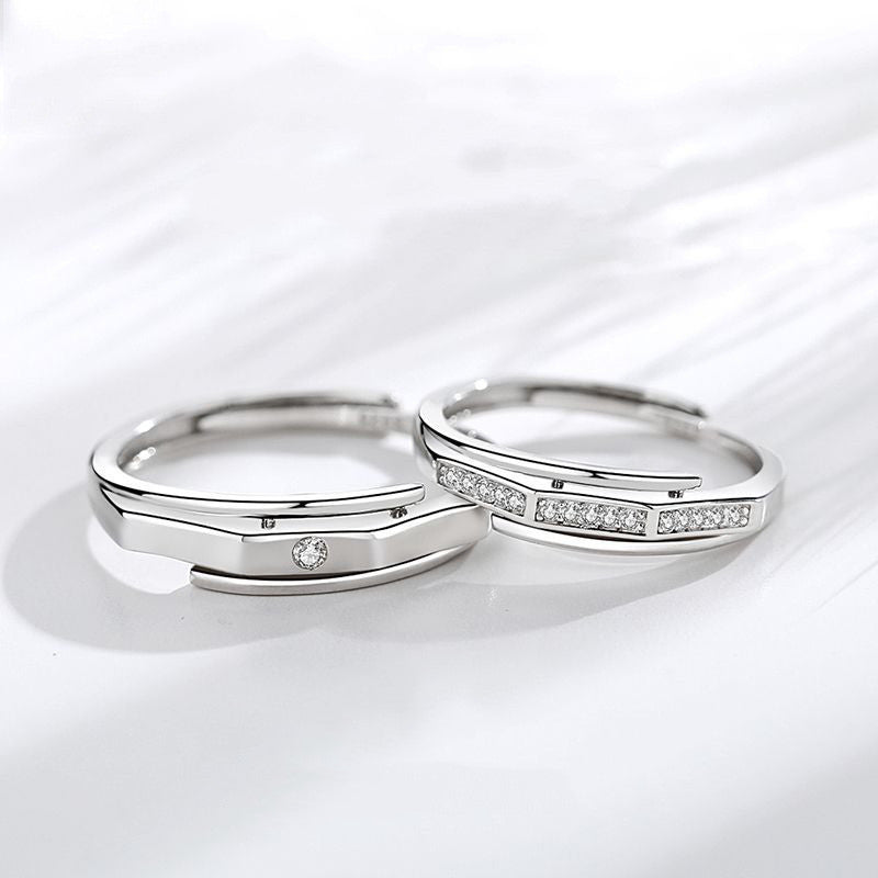 Geometric Silver Matching Rings Ring Set For Couples Inlaid Diamond Promise Engagement Rings Anniversary Bands
