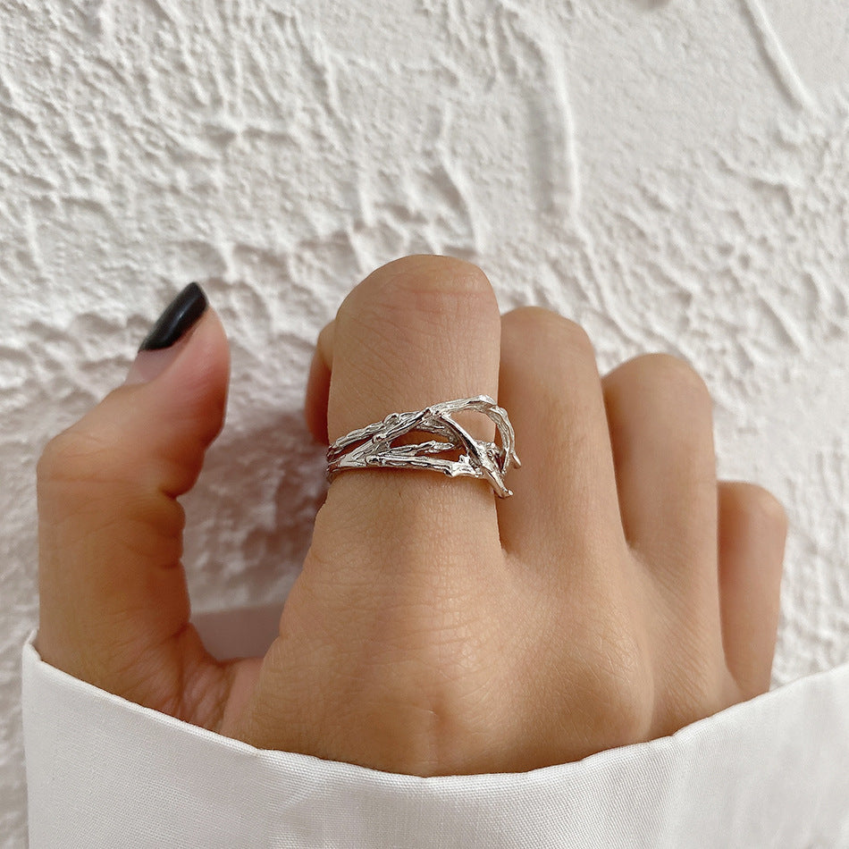 Womens Silver Ring Inlaid Irregular Texture Fashion Ring French Inspired Korean Style Jewelry Silvery Inlay Design