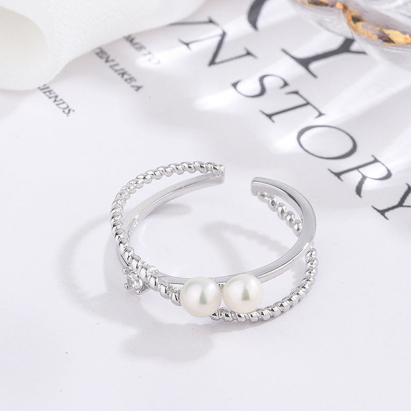 Womens Adjustable Finger Ring Geometric Cross Pearl Silver